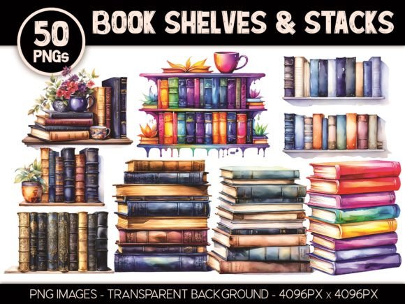 50 Book Shelves & Stacks Clip Art: A Designer's Library
