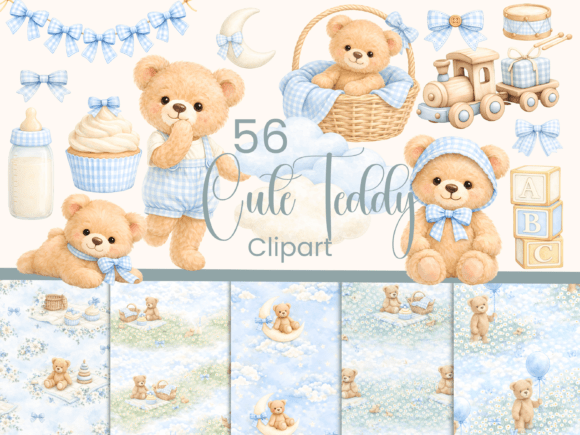 Blue Gingham Watercolor Teddy Bear Clipart Collection