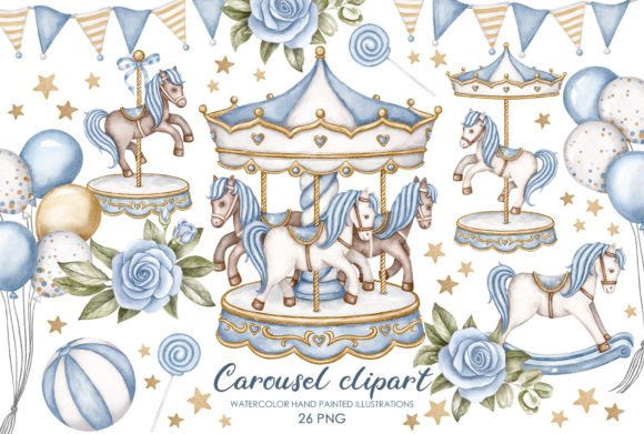 Blue Watercolor Carousel Horse Clipart: A Designer's Delight