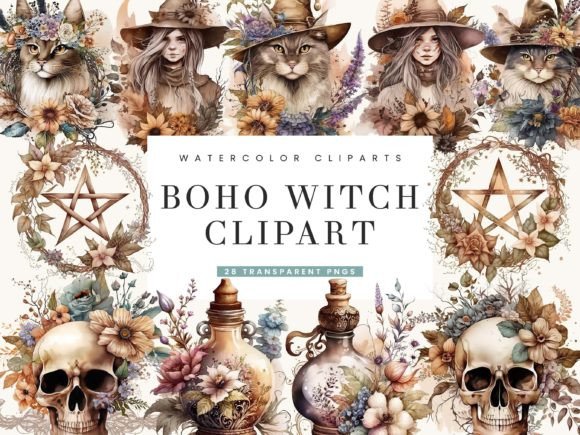 Embrace the Magick: Watercolor Boho Witch Clipart for Creative Projects