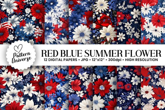 Patriotic Summer Flowers Digital Papers for Creative Projects