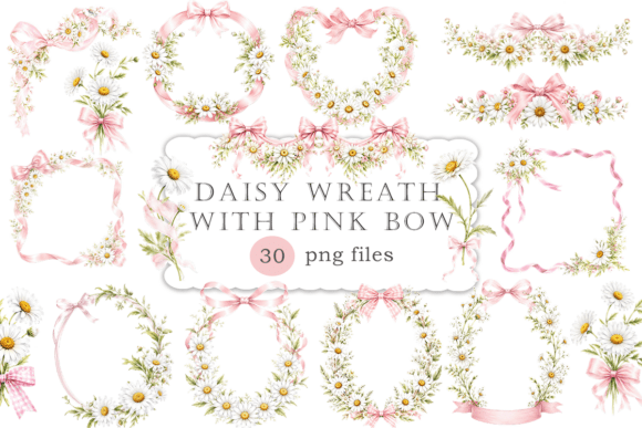 Watercolor Floral Frames PNG Pink Bow: Design Bundle