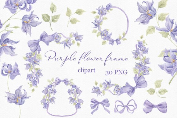Watercolor Purple Flower Ribbon Frames: Elegant Botanical Design Elements